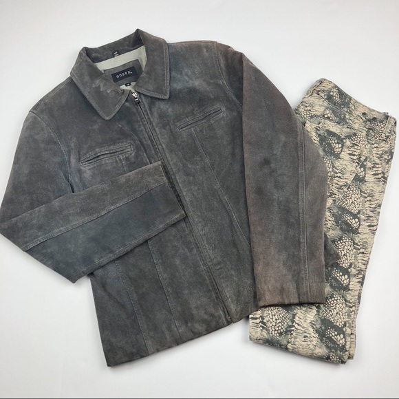 GUESS Genuine Suede Leather Charcoal Zip-Up Jacket - Picture 2 of 8
